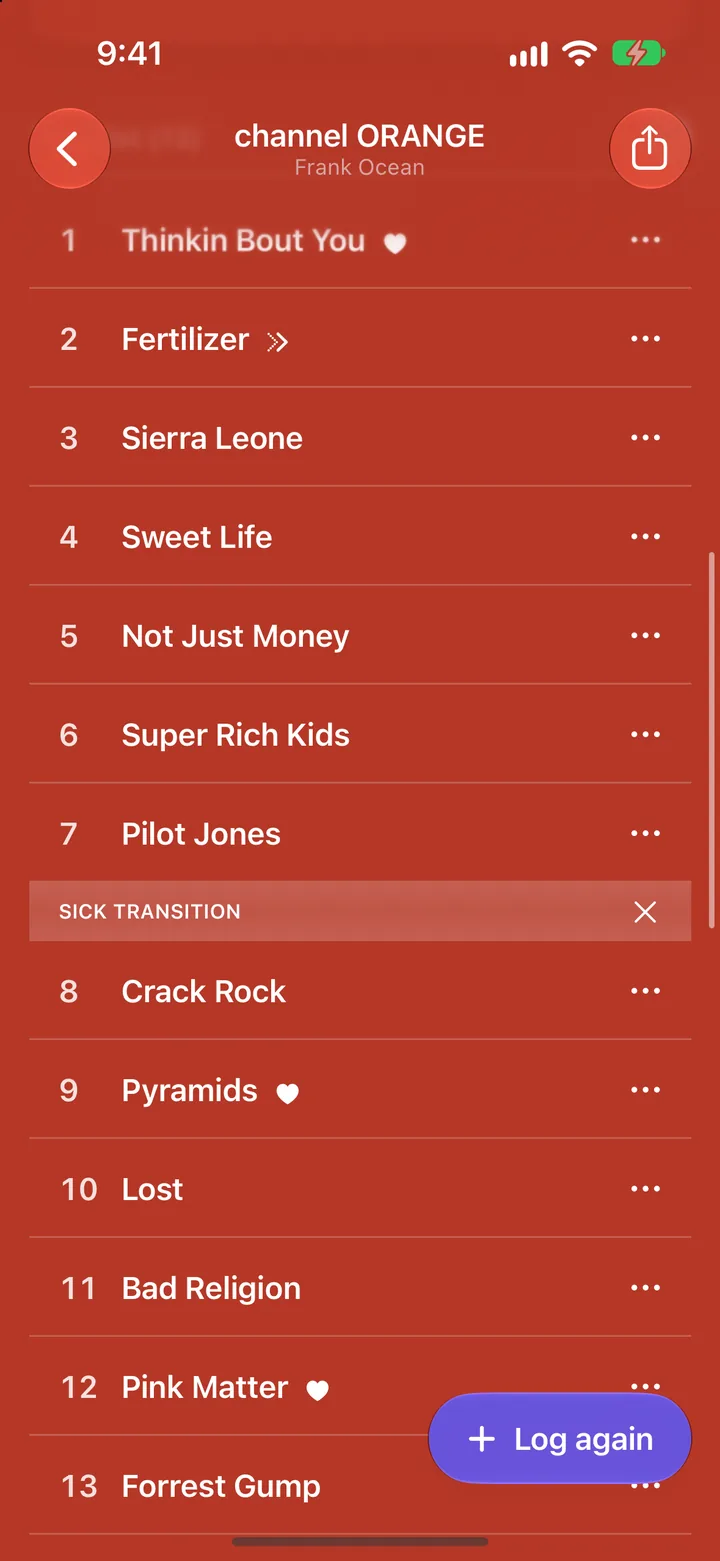 A tracklist with hearts on Thinkin Bout You and Pyramids and a skip mark on Fertilizer.