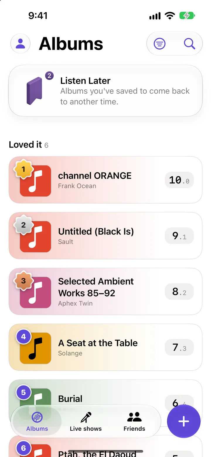 The Albums tab: records ranked inside the Loved it tier, each with a position badge and a score from 10.0 down.