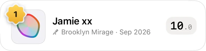 Jamie xx at Brooklyn Mirage, ranked first with a 10.0 and a radar thumbnail.