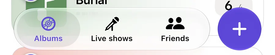 Deck's tab bar in Liquid Glass, floating over a ranked album row, next to the add button.